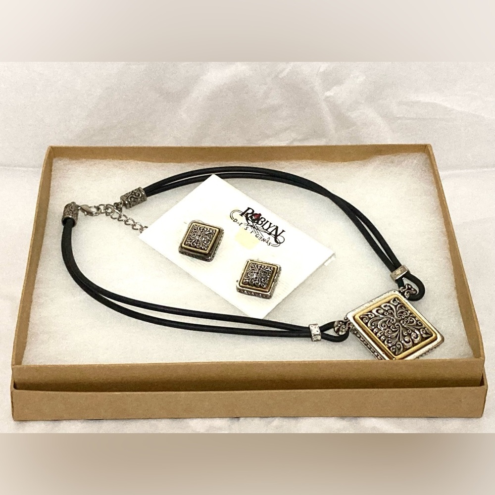 Roblyn Designs Black Necklace with Silver & Gold Pendant and Earring Set